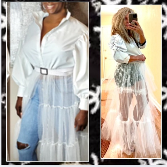 Tops - Brooke Lynn Style, White Buttoned-Bodice Top,w/Sheer Overlay Skirt, EUC,Size L